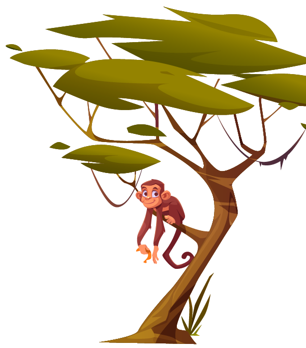 grand arbre avec singe perché qui tient une banane